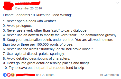 Facebook post of Elmore Leonard's 10 rules